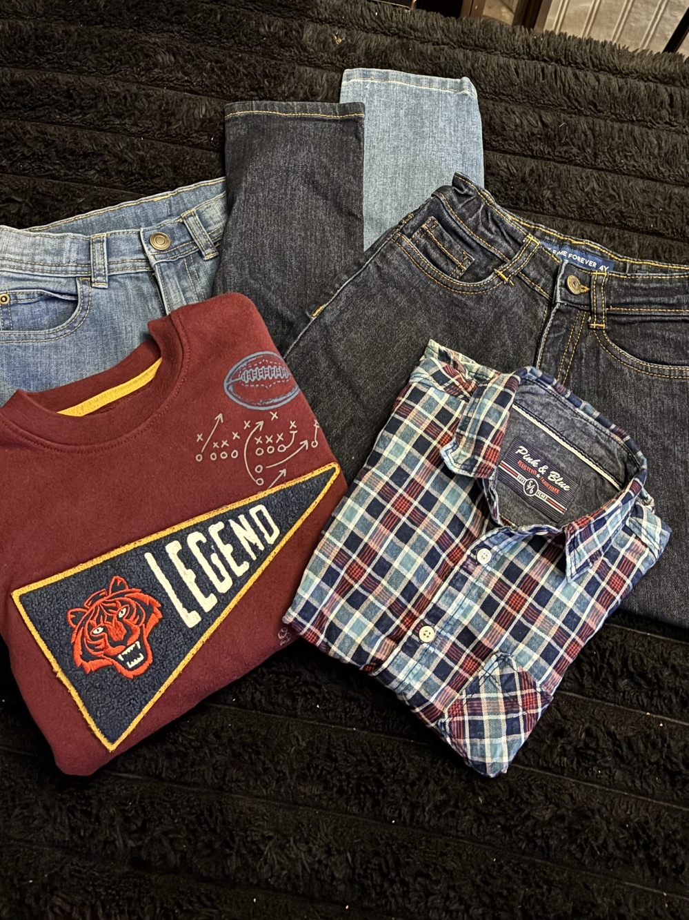 Kids Matching Boys Sets- Maroon 'Legend' Sweatshirt & Blue Plaid Shirt And Jeans